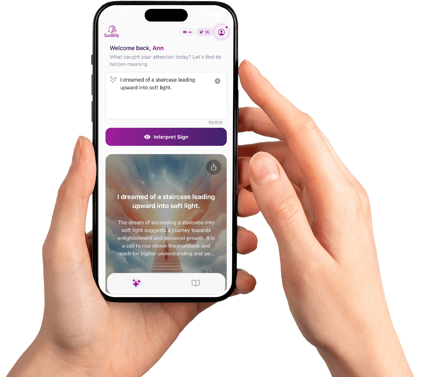 Hands holding an iPhone showing a dream and its visual metaphor in Surelity